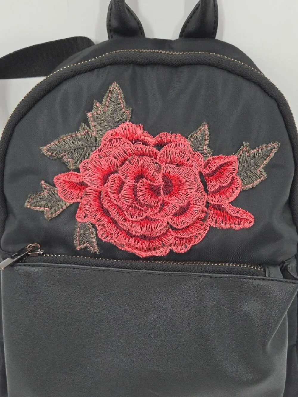 Black Women's Mini Backpack with Red Rose Embroidery
